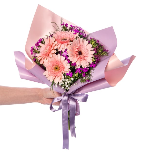 Lila Bukette Pembe Gerberalar ve Hüsnüyusuflar